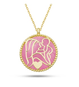 Gümüş Gold Pembe Sedef Taşlı Anne Çocuk Sevgisi Kolye