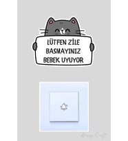 Lütfen Zile Basmayınız Bebek Uyuyor Gri Sevimli Kedi Sticker Kapı Zili Etiketi