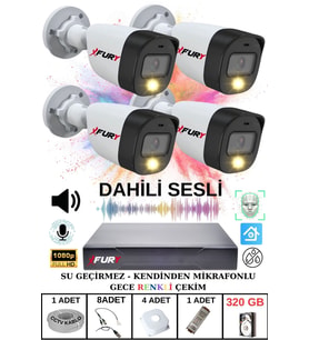 FURY 4 LÜ Sesli Gece Renkli Görüş Güvenlik Kamerası Su Geçirmez Güvenlik Kamerası Seti 320GB