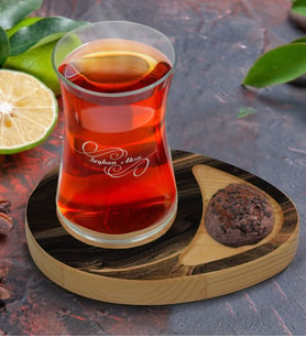 BK Gift Kişiye Özel Mermer Tasarımlı Doğal Ahşap Tabaklı Heybeli Çay Bardağı Sunum Seti Model 8
