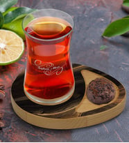 BK Gift Kişiye Özel Mermer Tasarımlı Doğal Ahşap Tabaklı Heybeli Çay Bardağı Sunum Seti Model 8