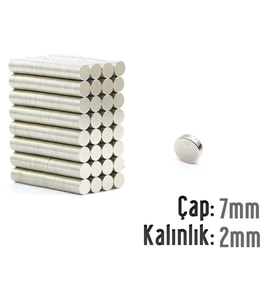 Neodyum Mıknatıs Silindir Çap 7mm , Kalınlık 2mm   ( 20 Adet) (Metal)