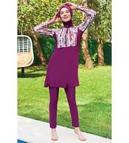 Ruko Maio 2405-3 Mor Desenli Yarım Fermuarlı Reglan Kol Likralı Su İtici ve Çabuk Kuruyan Kumaş Tesettür Mayo