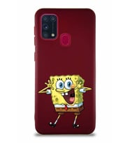 Samsung Galaxy M31 Soft Premier Kapak Sünger Bob Tasarımlı Silikon Kılıf - Mürdüm (Şeffaf)