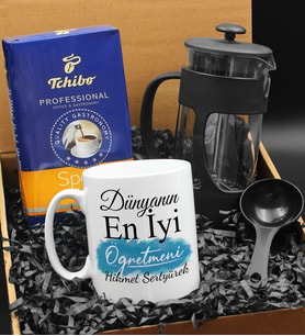 Öğretmenler Gününe Özel Dünyanın En İyi Öğretmeni Kupası & French Press & 250 Gram Tchibo Proffesional Special Filtre Kahve Hediye Seti