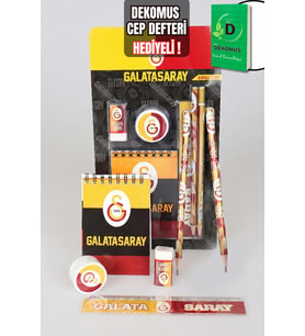 "DEKOMUS CEP DEFTERİ HEDİYELİ" YENİ SEZON LİSANSLI GALATASARAY 6'LI KIRTASİYE SETİ NOT DEFTERİ, SİLGİ,CETVEL,2 ADET KALEMTRAŞ,2 ADET KURŞUN KALEM