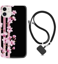 Apple iPhone 11 12 13 Mini Kılıf Boyun Askılı Silikon Pink Flowers 3 1393
