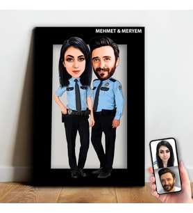 Kişiye Özel Polis Çift Karikatür Ahşap Tablo  - mx16