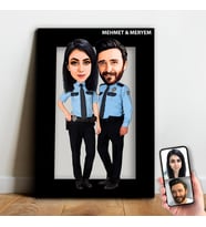 Kişiye Özel Polis Çift Karikatür Ahşap Tablo  - mx16