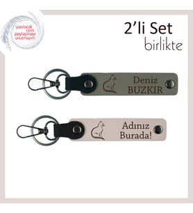 Patili Aşklara Özel Hediye, Kedi Figürlü, İsme Yazılabilir 2’li Deri Anahtarlık, Kül Gri-Pudra