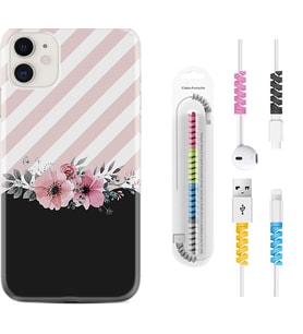 Apple iPhone 11 12 13 Mini Kılıf Kablo Koruma Spiral Silikon Strip Pink Flowers 1396