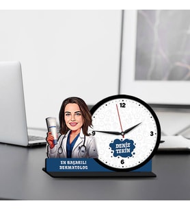 Kadın Dermotoloğa Hediye Karikatürlü MDF Masa Saati