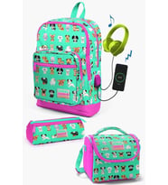 Coral High Kids Su Yeşili Neon Pembe Köpek Desenli USB'li 3’lü Okul Çanta Seti - Kız Çocuk
