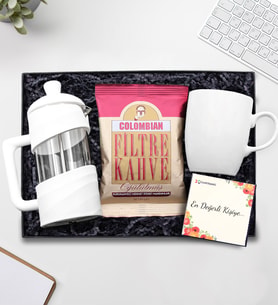Beyaz Kupa & Beyaz French Press & Colombian Taze Filtre Kahve Hediye Seti