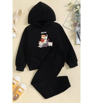 Meow Kediler Baskılı Çocuk Rahat Eşofman Takımı (Siyah)
