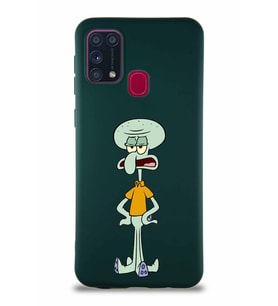 Samsung Galaxy M31 Soft Premier Kapak Squidward Dokunaç Tasarımlı Silikon Kılıf - Yeşil (Şeffaf)