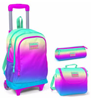 Coral High Pembe - Yeşil - Mavi Kız Çocuk Çekçek Çanta Seti - Işıklı Tekerlekler