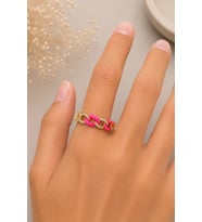 Sertifikalı 316L Çelik Fuşya Pembe Taşlı Zincir Halkalı Premium Altın Kaplama Kadın Yüzük