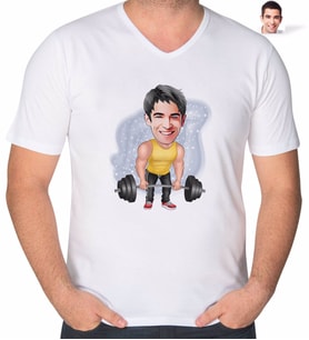 BK Gift Kişiye Özel Erkek Halterci Karikatürlü V Yaka Tişört-1 (Beyaz)