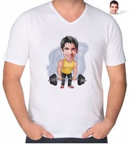 BK Gift Kişiye Özel Erkek Halterci Karikatürlü V Yaka Tişört-1 (Beyaz)