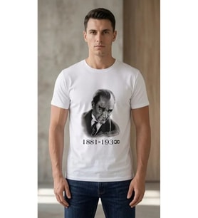 Erkek Atatürk Baskılı Tişört Kısa Kollu Bisiklet Yaka T-Shirt - Beyaz