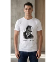 Erkek Atatürk Baskılı Tişört Kısa Kollu Bisiklet Yaka T-Shirt - Beyaz