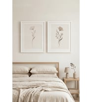 Sakin Minimalist Çiçek Çizimleri 2’li Ahşap Çerçeveli Tablo Seti