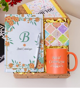Kişiye Özel Renkli Defter , Turuncu Kupa Bardak, Tükenmez Kalem & Hediye Seti