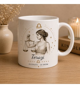 Terazi Burcu Baskılı Beyaz Kupa Bardak  Astroloji Temalı Seramik Kahve Kupası  Şık Burç Tasarım Hediye