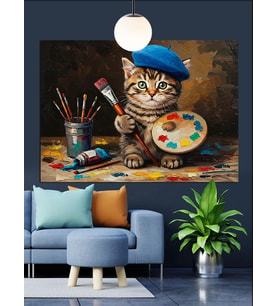 Ressam Kedi Palet Fırça Tutuyor Dekoratif Kanvas - Mdf Ahşap Tablo