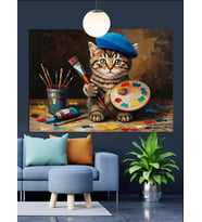 Ressam Kedi Palet Fırça Tutuyor Dekoratif Kanvas - Mdf Ahşap Tablo