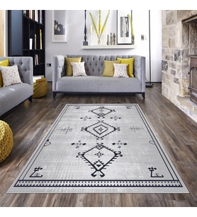 Bohem Etnik Kilim Desen Yıkanabilir Kaymaz Taban Leke Tutmaz Modern Salon Halısı ve Yolluk (Açık Gri)