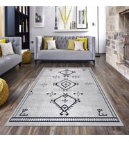 Bohem Etnik Kilim Desen Yıkanabilir Kaymaz Taban Leke Tutmaz Modern Salon Halısı ve Yolluk (Açık Gri)