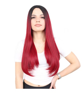 Fiber Sen Uzun Düz Peruk / Siyah / Kızıl Ombreli