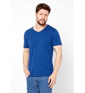 COMEOR ERKEK Mavi Basıc Slim Fit Pamuklu Kısa Kollu V Yaka T-Shirt