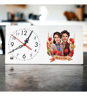 Sevgiliye Hediye Kişiye Özel Kırmızı Laleler ve Aşkımız Karikatürlü Masa Saati
