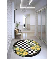 Sarı Kaymaz Tabanlı Çiçekli Yuvarlak Mutfak Halısı AR1306