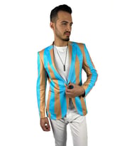 Turkuaz Bej Şerit Desen Torba Cep Blazer Tek Ceket Slim Fit  Agustini