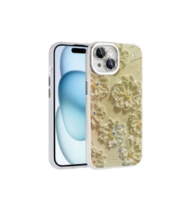 Apple iPhone 14 Uyumlu Kılıf Çiçek Desenli Parlak Taşlı Sert Silikon Zore Garden Kapak (Beyaz)