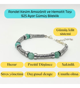 Sertifikalı Rondel Kesim Amazonit ve Hematit  925 Ayar Doğal Taş Gümüş Bileklik 6mm