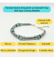 Sertifikalı Rondel Kesim Amazonit ve Hematit  925 Ayar Doğal Taş Gümüş Bileklik 6mm