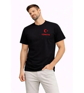 Erkek TÜRKİYE Ay Yıldız Baskılı Taraftar Forma T-Shirt - Siyah
