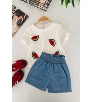 Miniğimin Cicileri Karpuz İşlemeli Kız Bebek 2 li Takım - Beyaz-Mavi