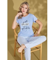 Kadın Desenli V Yaka Düğmesiz Yazlık Viskon Kısa Kol Pijama Takımı (Açık Mavi)