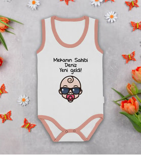 BK Kids Kişiye Özel Mekanın Sahibi Pembe Biyeli Askılı Sıfır Kol Bebek Body Zıbın, Yeni Doğan Bebek Hediyesi