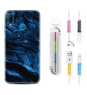 Huawei P20 Lite Mate 10 20 Lite Pro P40 Lite KılıfKablo Koruma Spiral Silikon Blue MArble 1379