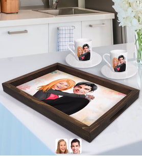 BK Gift Kişiye Özel Sevgililer Karikatürlü Doğal Ahşap Tepsi ve 2’li Kahve Fincan Seti-88