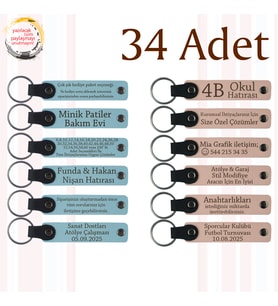 Gök Mavi & Pudra, 34’lü Set, Kişisel Mesajlı Deri Anahtarlık, Aile Yemeğine Değer Katan Hediye