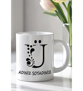 Kişiselleştirilebilir Ü Harfi Tasarımlı 330ml Baskılı Beyaz Seramik Kupa Bardak (Siyah Beyaz Baskili)