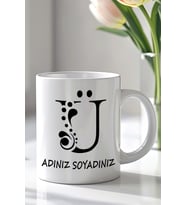 Kişiselleştirilebilir Ü Harfi Tasarımlı 330ml Baskılı Beyaz Seramik Kupa Bardak (Siyah Beyaz Baskili)